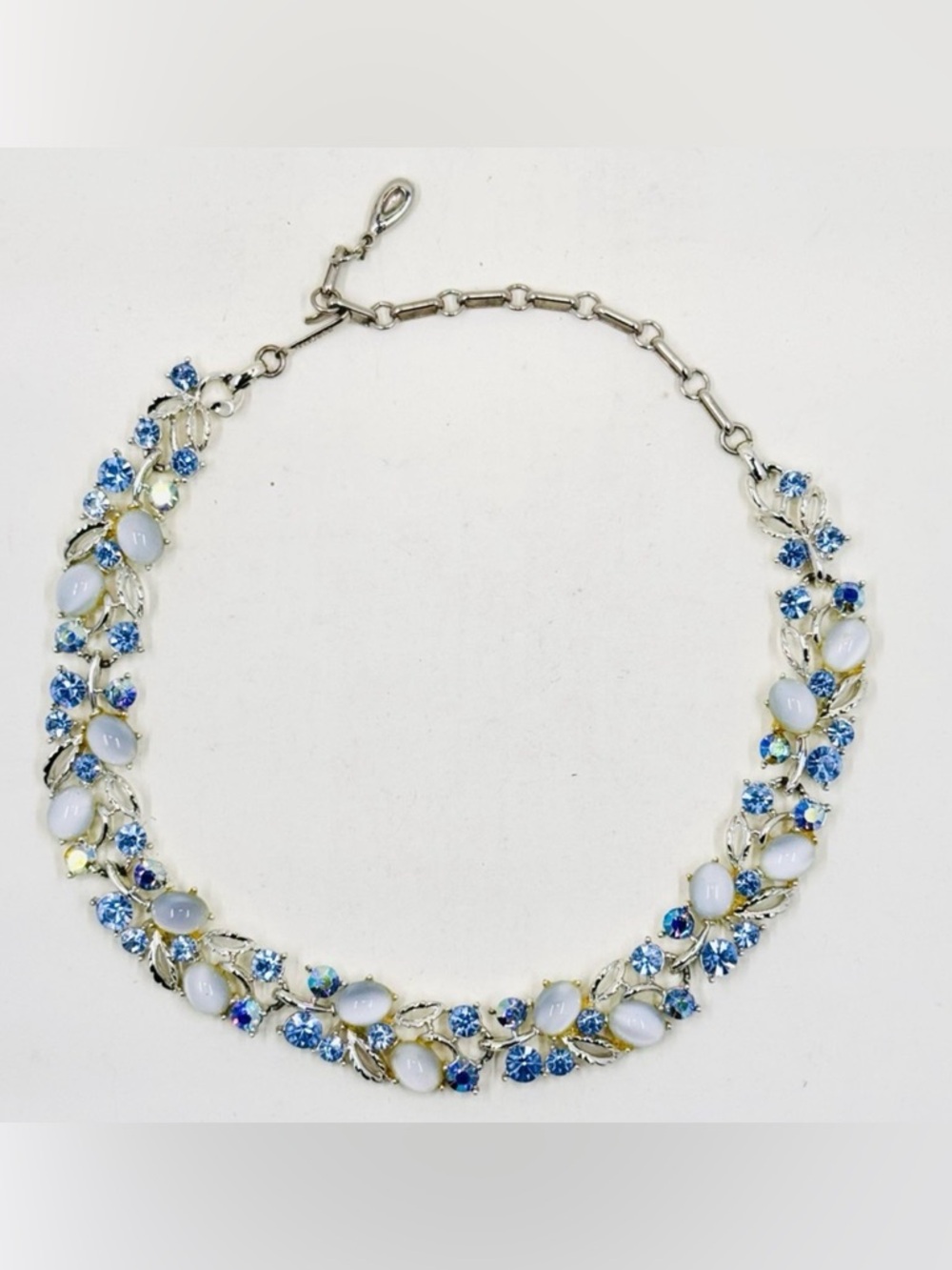 LISNER Vintage Silver Tone Blue Moonglow Glass Stones & AB Rhinestones Necklace